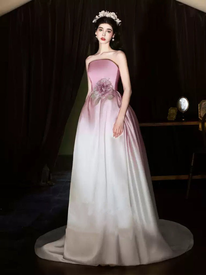 Pink and White Strapless Evening Dress with Corset – Satin Evening Dress with 3D Floral Detail Plus Size - WonderlandByLilian
