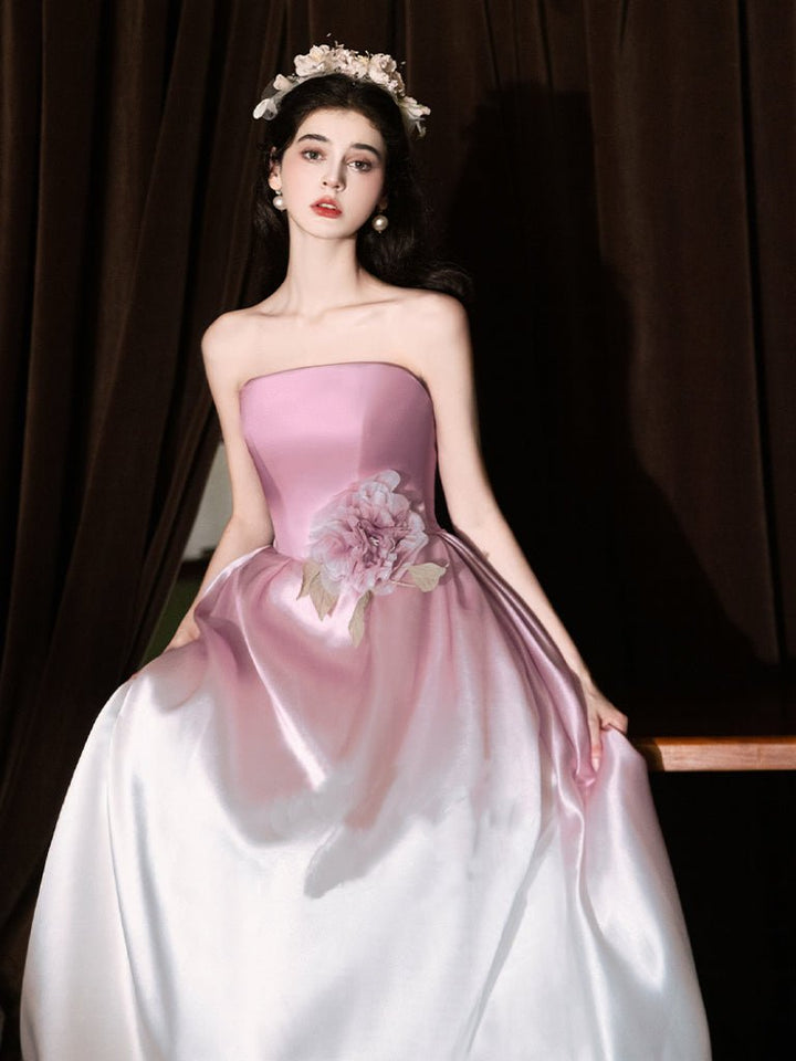 Pink and White Strapless Evening Dress with Corset – Satin Evening Dress with 3D Floral Detail Plus Size - WonderlandByLilian