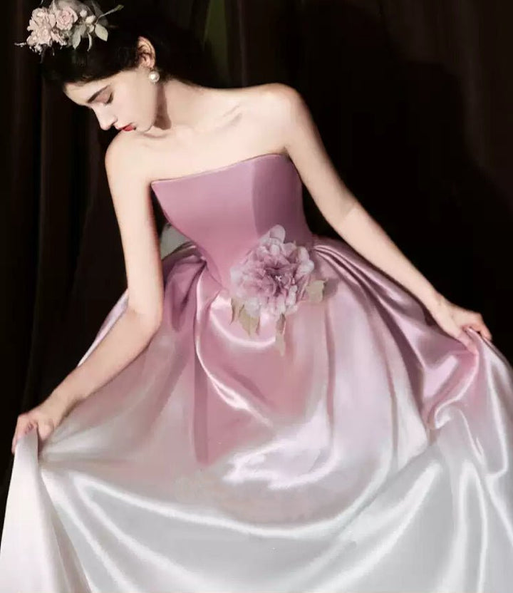 Pink and White Strapless Evening Dress with Corset – Satin Evening Dress with 3D Floral Detail Plus Size - WonderlandByLilian