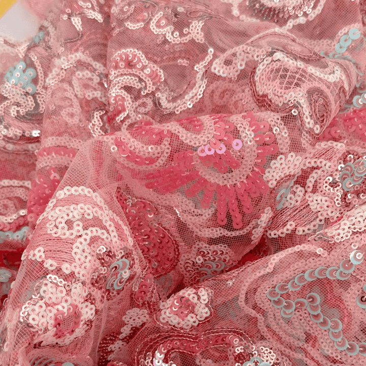 Pink Cloud Pattern Sequin Embroidered Tulle Lace Fabric - WonderlandByLilian