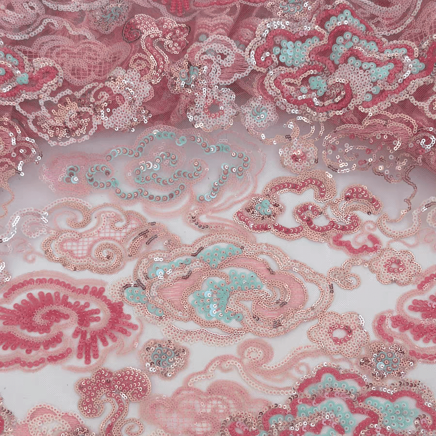 Pink Cloud Pattern Sequin Embroidered Tulle Lace Fabric - WonderlandByLilian