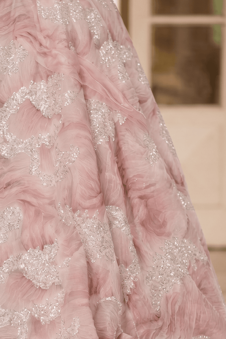 Pink Evening Dress Ball Gown with Glitter Floral Embroidery – Strapless Evening Gown with Sheer Neck Wrap Plus Size - WonderlandByLilian