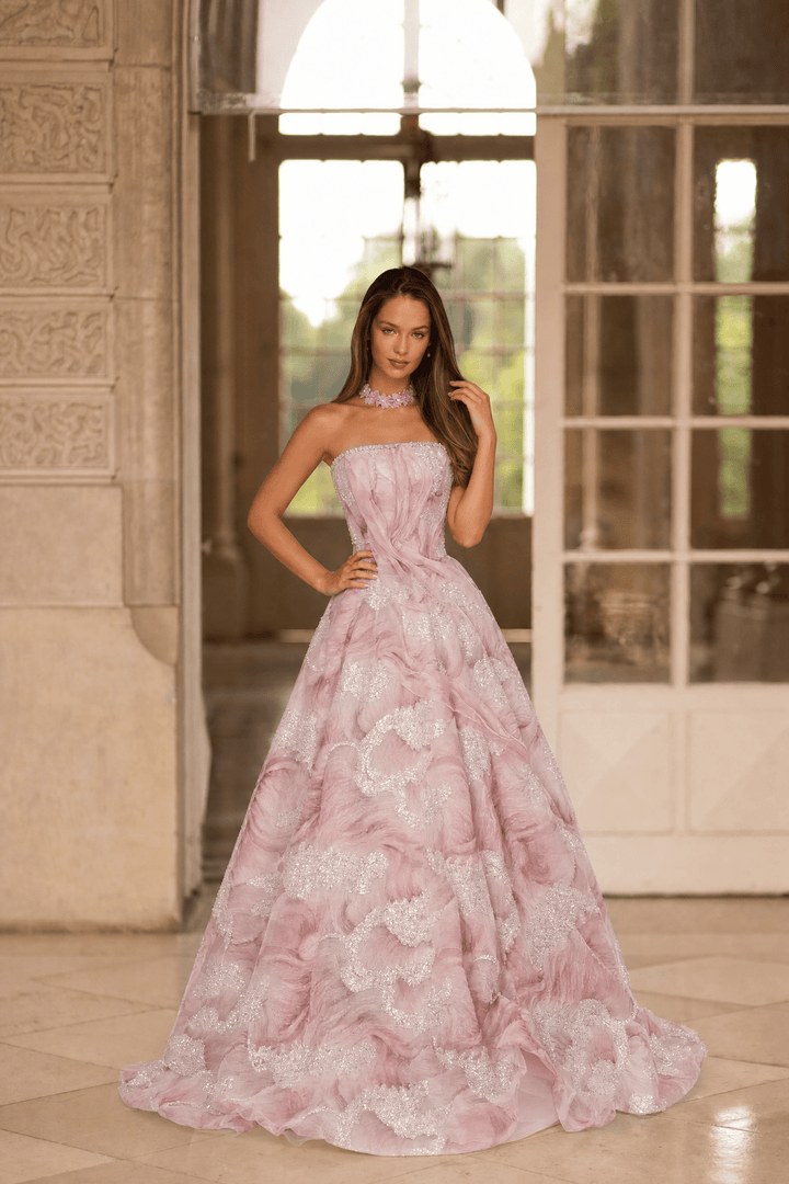 Pink Evening Dress Ball Gown with Glitter Floral Embroidery – Strapless Evening Gown with Sheer Neck Wrap Plus Size - WonderlandByLilian
