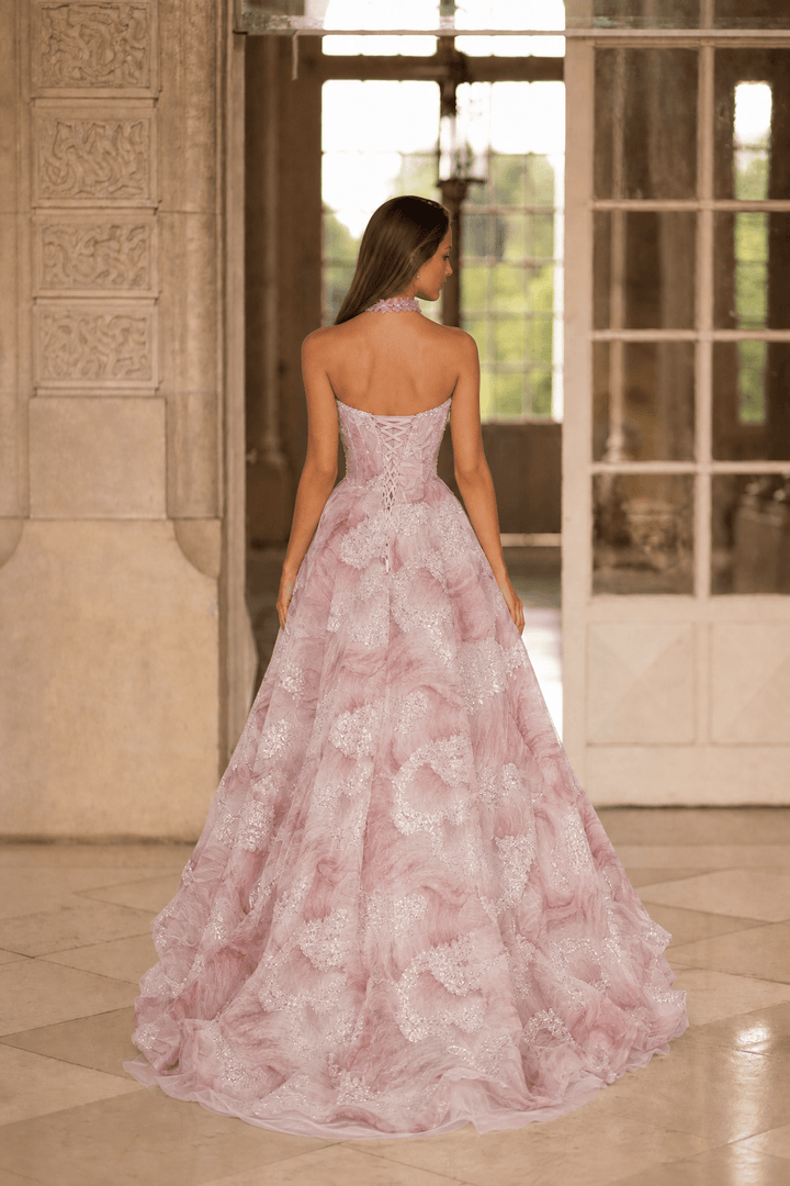 Pink Evening Dress Ball Gown with Glitter Floral Embroidery – Strapless Evening Gown with Sheer Neck Wrap Plus Size - WonderlandByLilian