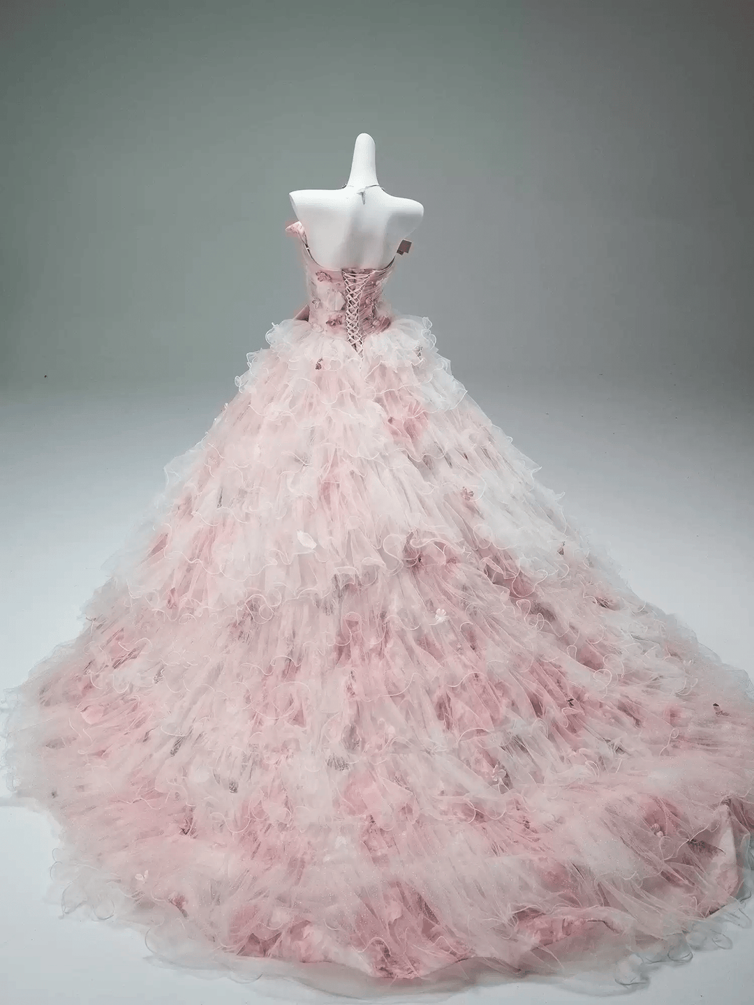 Pink Fairytale Layered Tulle Ruffle Dress with Floral Appliqué – Floral Evening Dress with Corset Back and Bow Detail Plus Size - WonderlandByLilian