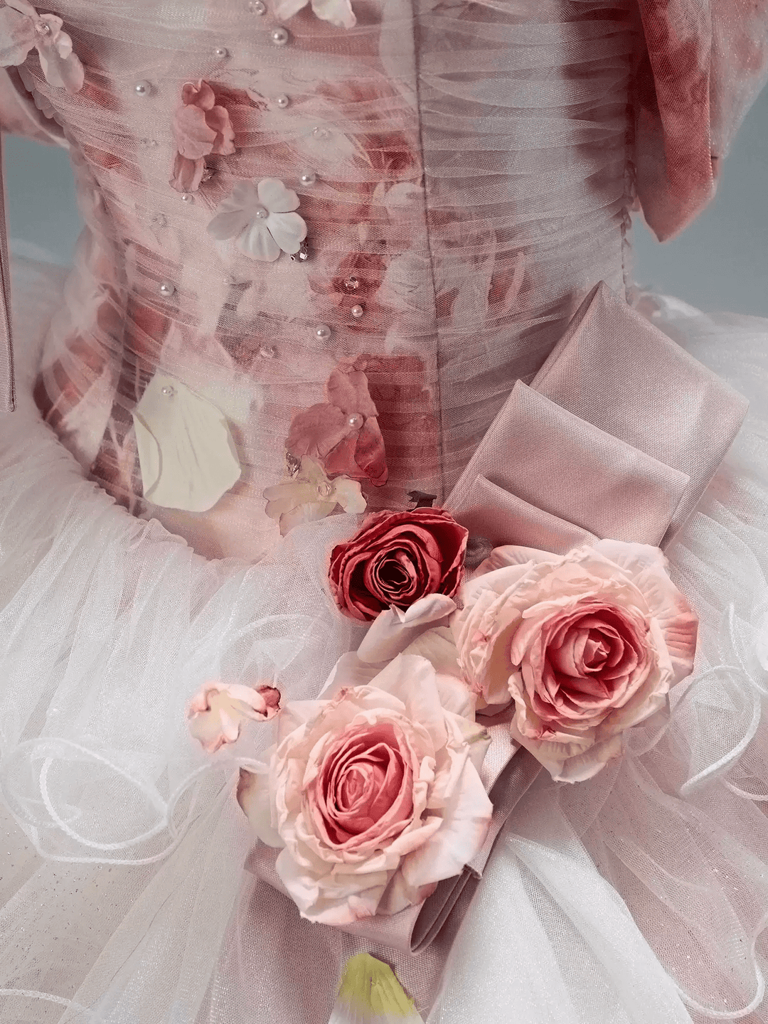 Pink Fairytale Layered Tulle Ruffle Dress with Floral Appliqué – Floral Evening Dress with Corset Back and Bow Detail Plus Size - WonderlandByLilian