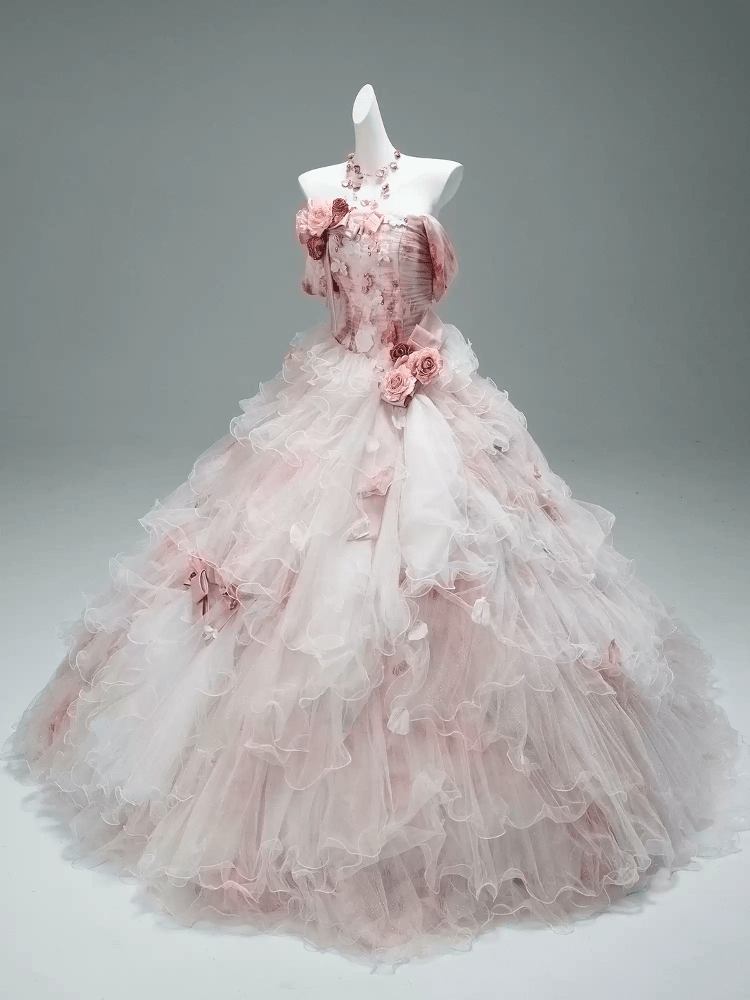 Pink Fairytale Layered Tulle Ruffle Dress with Floral Appliqué – Floral Evening Dress with Corset Back and Bow Detail Plus Size - WonderlandByLilian