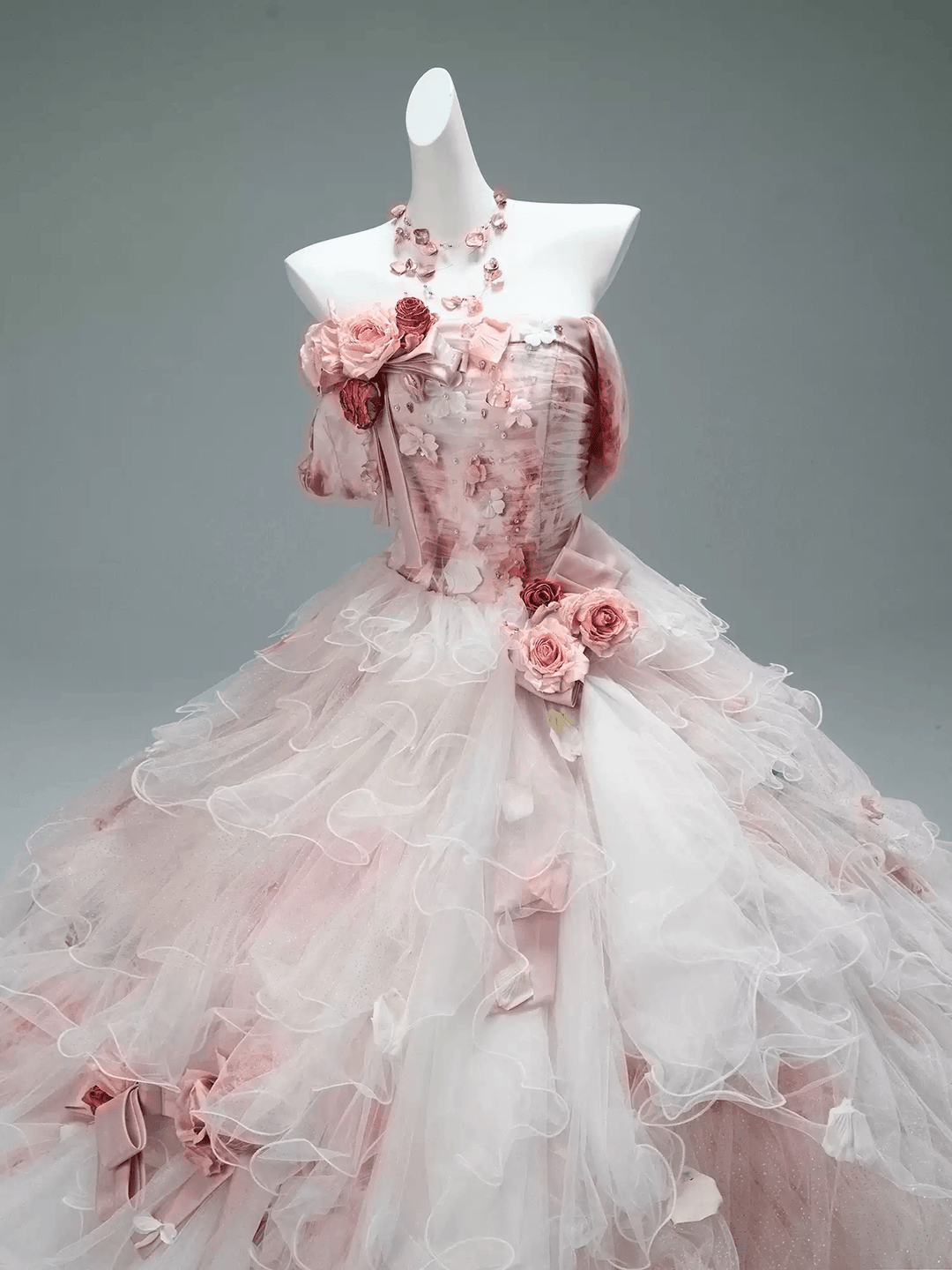 Pink Fairytale Layered Tulle Ruffle Dress with Floral Appliqué – Floral Evening Dress with Corset Back and Bow Detail Plus Size - WonderlandByLilian