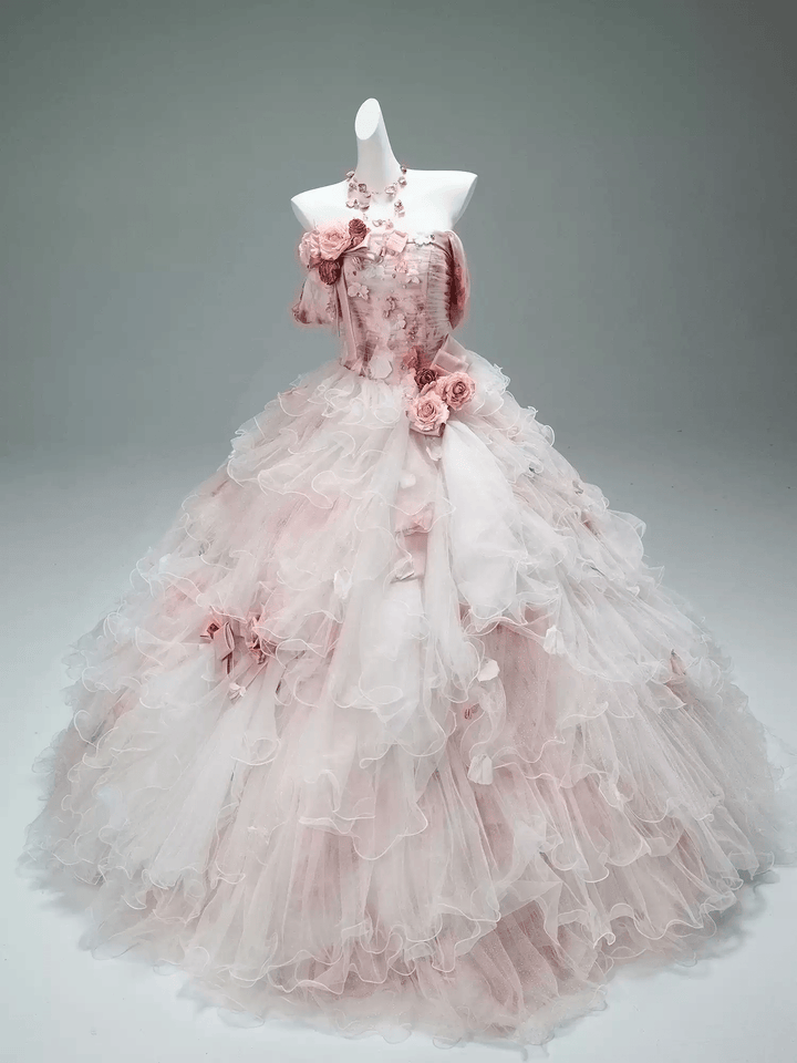 Pink Fairytale Layered Tulle Ruffle Dress with Floral Appliqué – Floral Evening Dress with Corset Back and Bow Detail Plus Size - WonderlandByLilian
