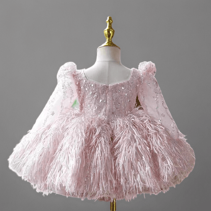 Pink Feather and Sequin Tulle Flower Girl Dress for Wedding – Long Sleeve Plus Size - WonderlandByLilian