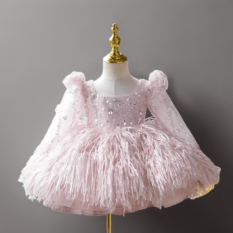 Pink Feather and Sequin Tulle Flower Girl Dress for Wedding – Long Sleeve Plus Size - WonderlandByLilian