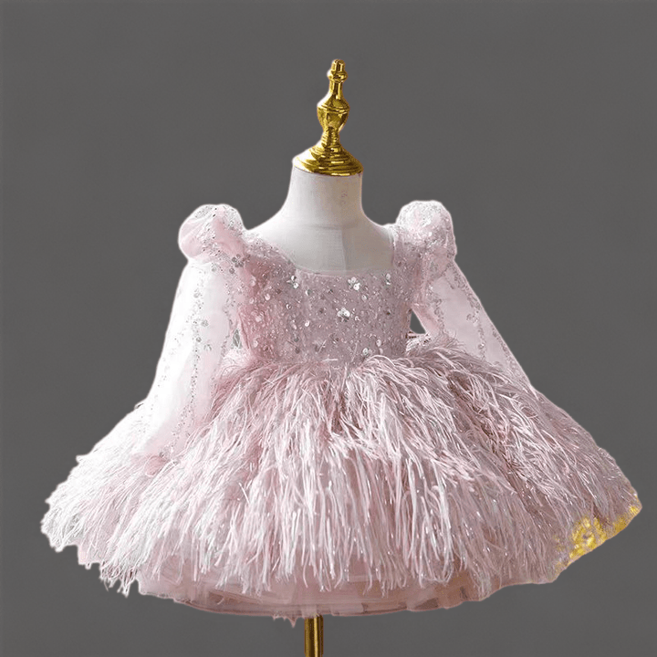 Pink Feather and Sequin Tulle Flower Girl Dress for Wedding – Long Sleeve Plus Size - WonderlandByLilian