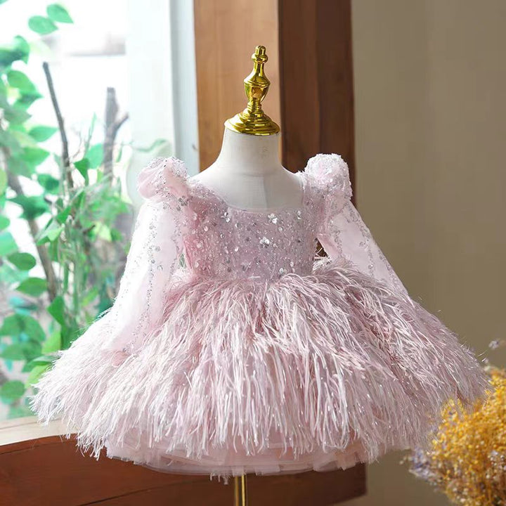 Pink Feather and Sequin Tulle Flower Girl Dress for Wedding – Long Sleeve Plus Size - WonderlandByLilian