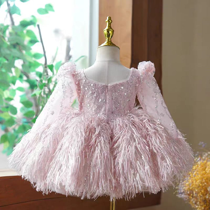 Pink Feather and Sequin Tulle Flower Girl Dress for Wedding – Long Sleeve Plus Size - WonderlandByLilian