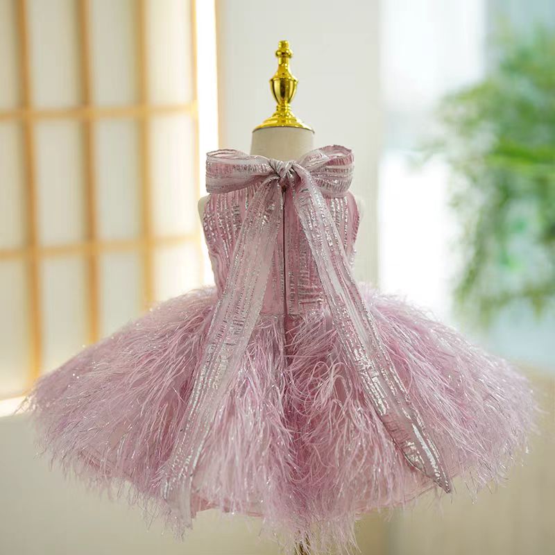 Pink Feather Tulle Flower Girl Dress for Wedding – Sleeveless Plus Size - WonderlandByLilian