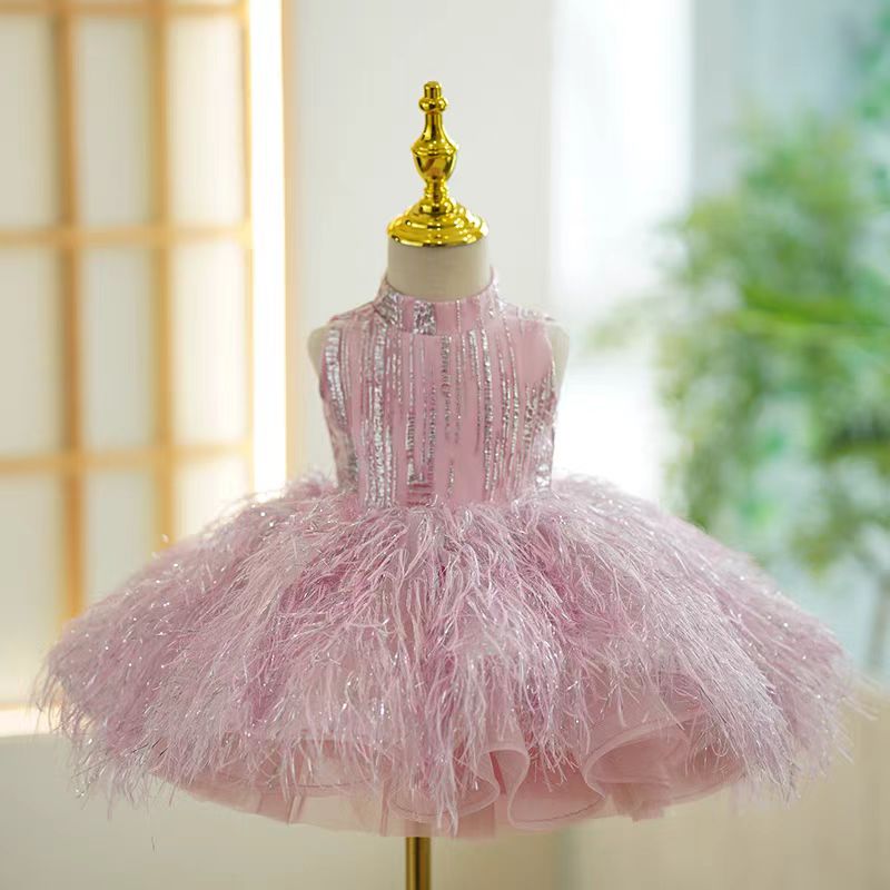 Pink Feather Tulle Flower Girl Dress for Wedding – Sleeveless Plus Size - WonderlandByLilian