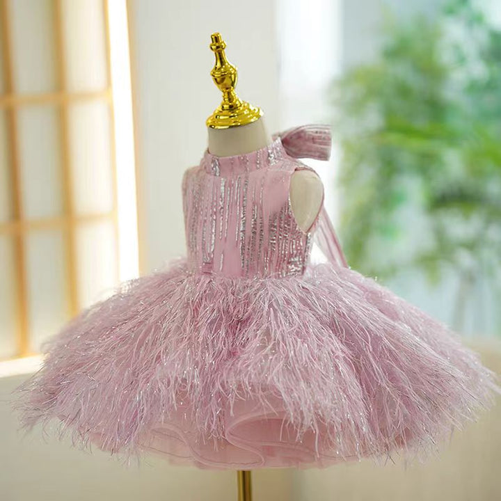 Pink Feather Tulle Flower Girl Dress for Wedding – Sleeveless Plus Size - WonderlandByLilian