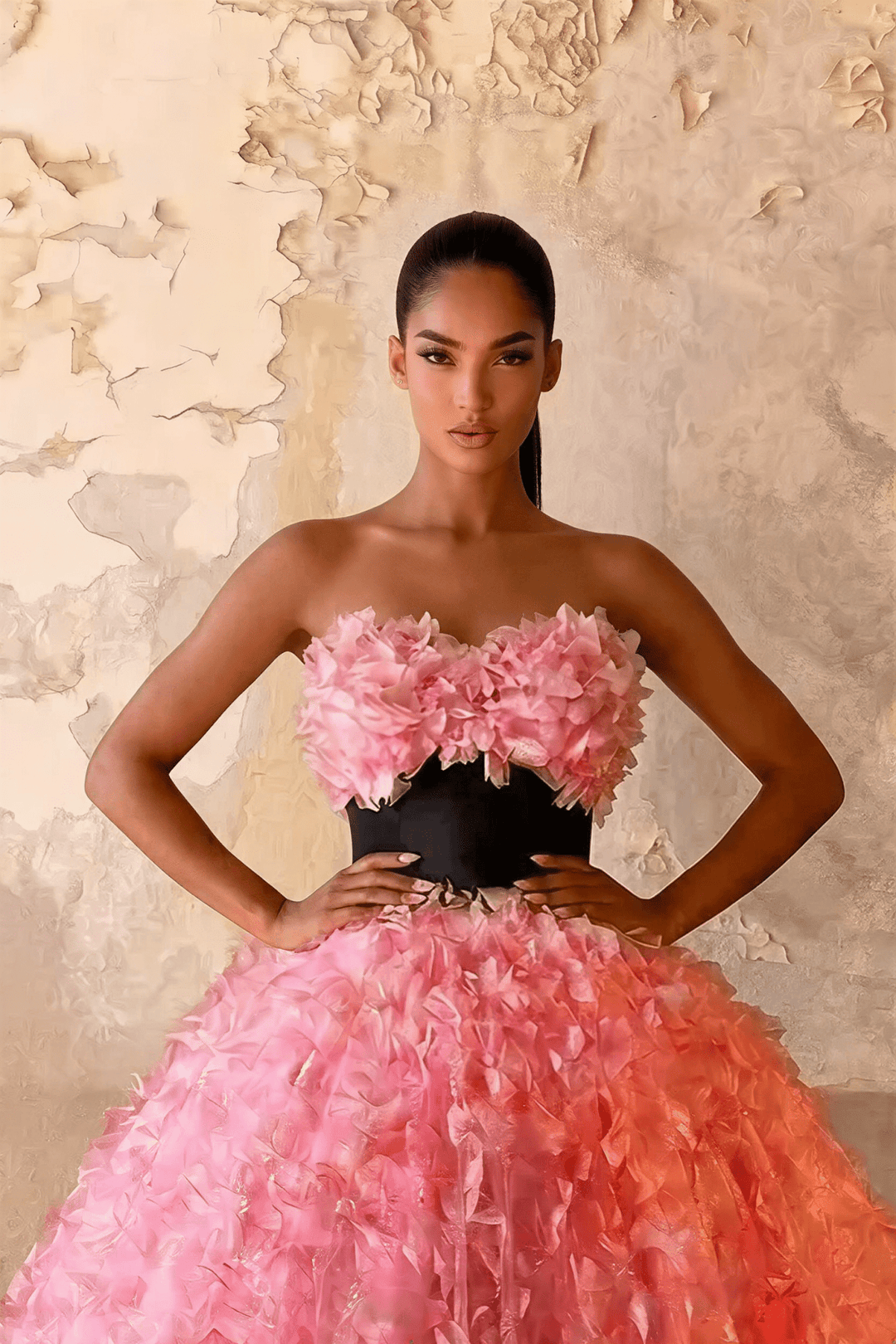 Pink Floral Ball Gown with Black Corset Waist Strapless Couture Princess Dress Romantic Petal Evening Gown Fairytale Formal Dress Plus Size - WonderlandByLilian