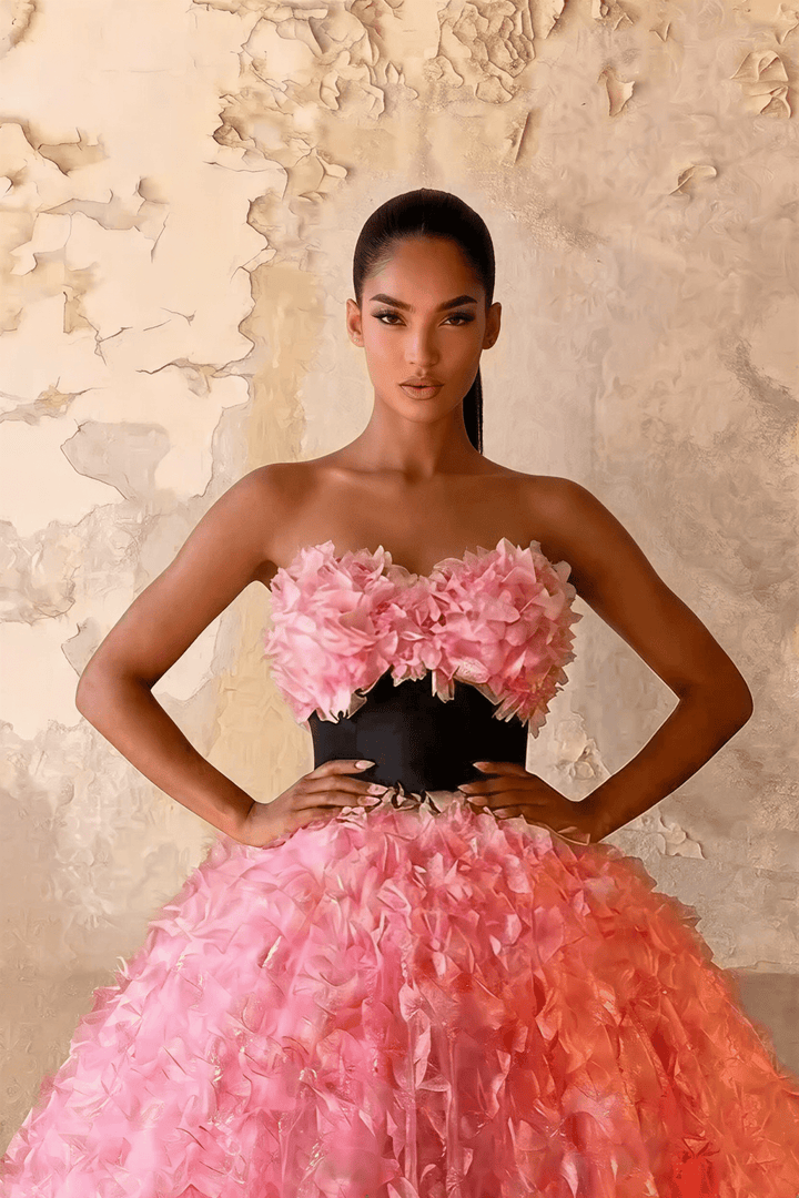 Pink Floral Ball Gown with Black Corset Waist Strapless Couture Princess Dress Romantic Petal Evening Gown Fairytale Formal Dress Plus Size - WonderlandByLilian