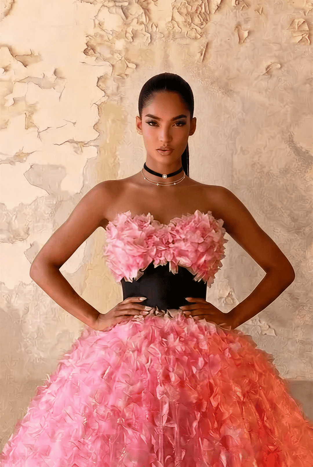 Pink Floral Ball Gown with Black Corset Waist Strapless Couture Princess Dress Romantic Petal Evening Gown Fairytale Formal Dress Plus Size - WonderlandByLilian