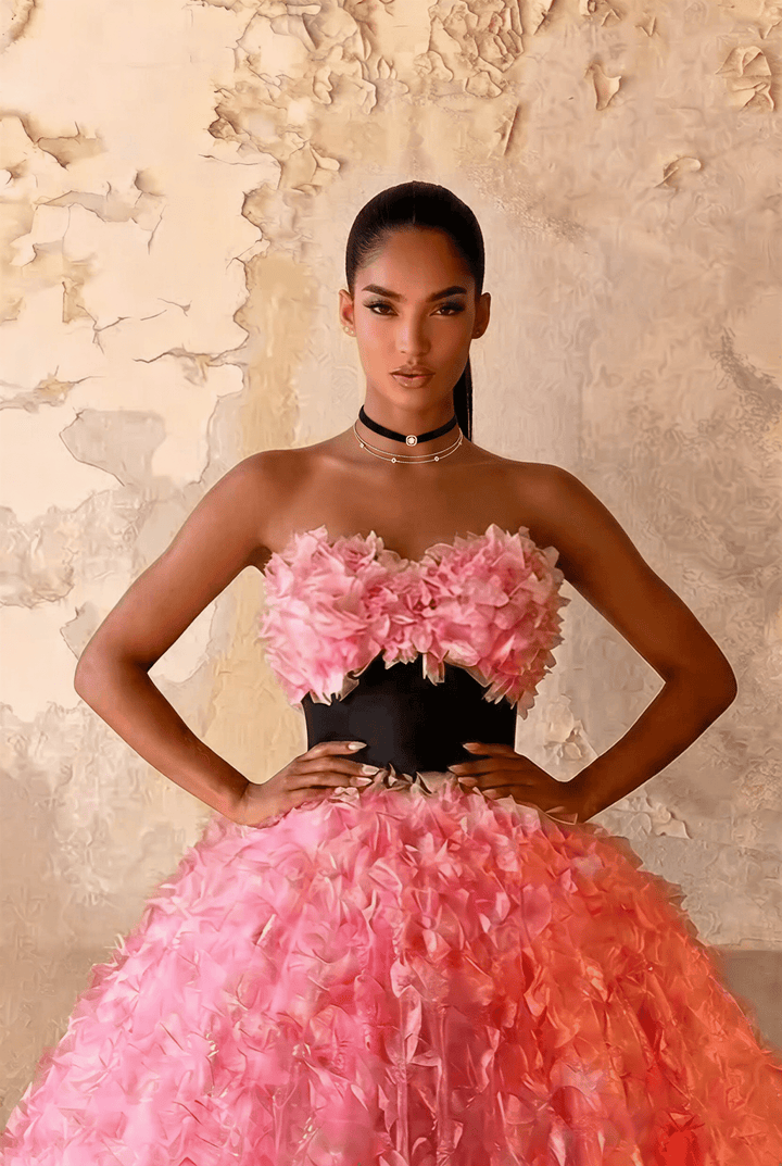 Pink Floral Ball Gown with Black Corset Waist Strapless Couture Princess Dress Romantic Petal Evening Gown Fairytale Formal Dress Plus Size - WonderlandByLilian
