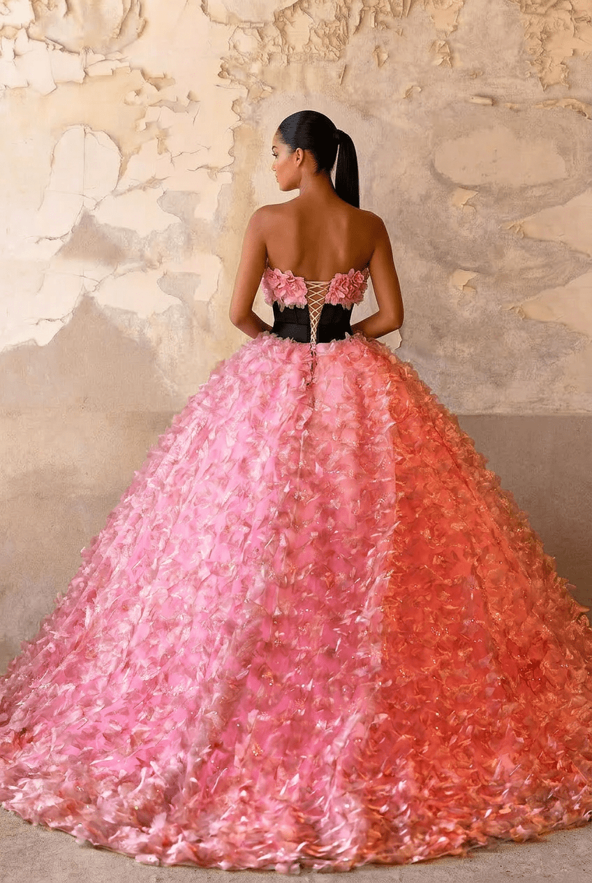 Pink Floral Ball Gown with Black Corset Waist Strapless Couture Princess Dress Romantic Petal Evening Gown Fairytale Formal Dress Plus Size - WonderlandByLilian