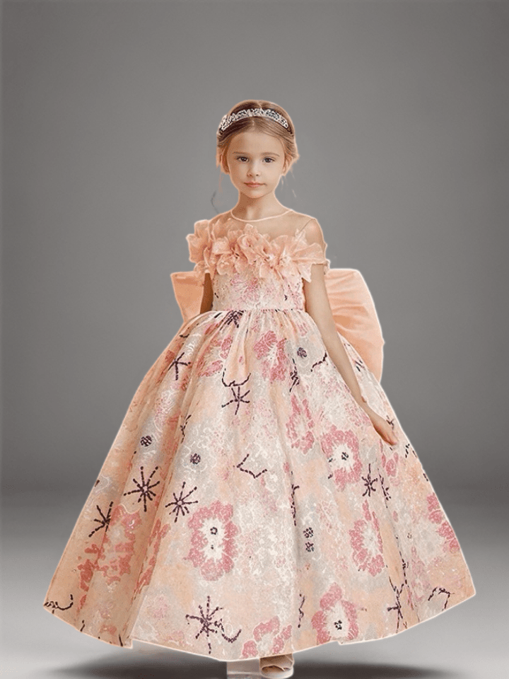 Pink Floral Jacquard Flower Girl Dress with Oversized Bow – Elegant Special Occasion Flower Girl Dress Plus Size - WonderlandByLilian