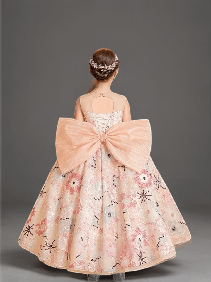 Pink Floral Jacquard Flower Girl Dress with Oversized Bow – Elegant Special Occasion Flower Girl Dress Plus Size - WonderlandByLilian