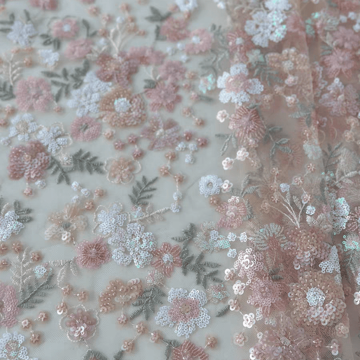 Pink Floral Sequin Embroidered Tulle Lace Fabric - WonderlandByLilian