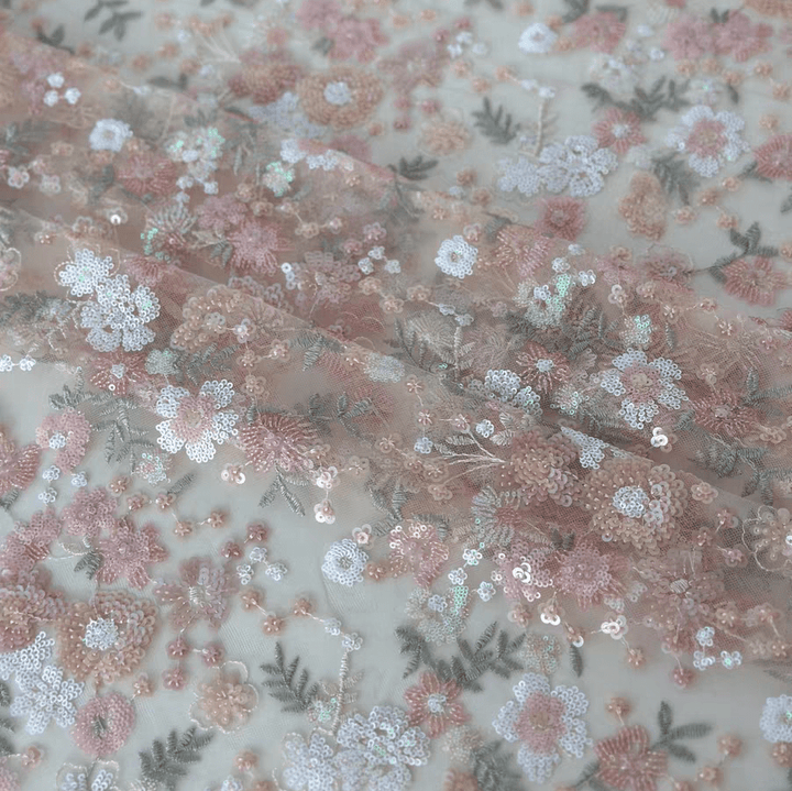 Pink Floral Sequin Embroidered Tulle Lace Fabric - WonderlandByLilian