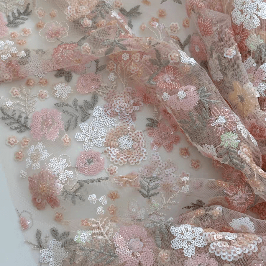 Pink Floral Sequin Embroidered Tulle Lace Fabric - WonderlandByLilian