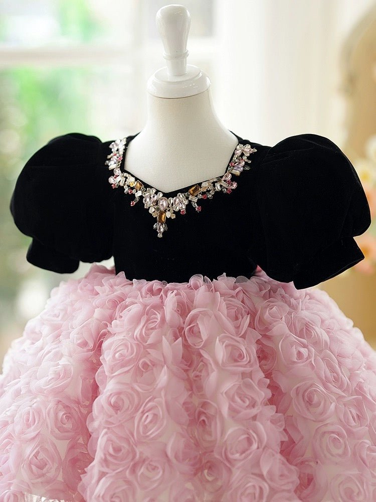 Pink Flower Girl Dress with Black Velvet Bodice and Luxurious Rose Detail Skirt Plus Size - WonderlandByLilian