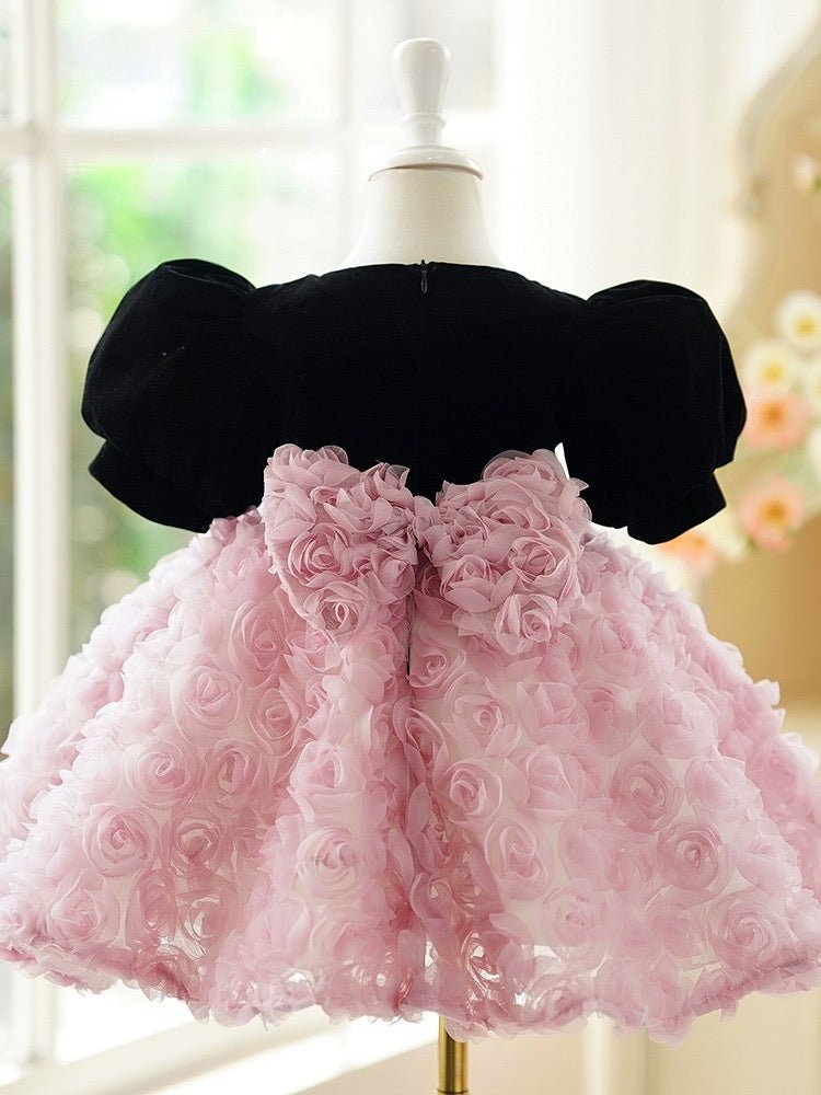 Pink Flower Girl Dress with Black Velvet Bodice and Luxurious Rose Detail Skirt Plus Size - WonderlandByLilian