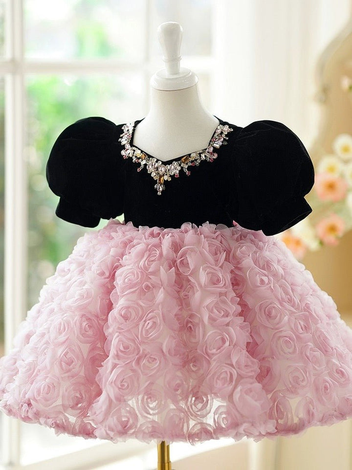 Pink Flower Girl Dress with Black Velvet Bodice and Luxurious Rose Detail Skirt Plus Size - WonderlandByLilian