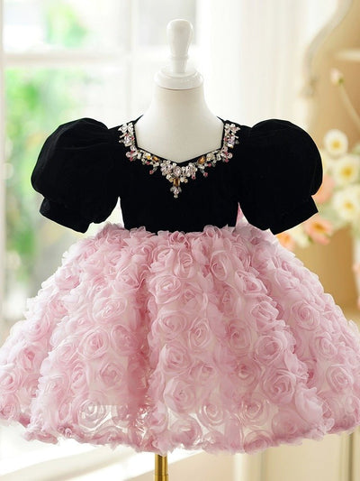 Pink Flower Girl Dress with Black Velvet Bodice and Luxurious Rose Detail Skirt Plus Size - WonderlandByLilian