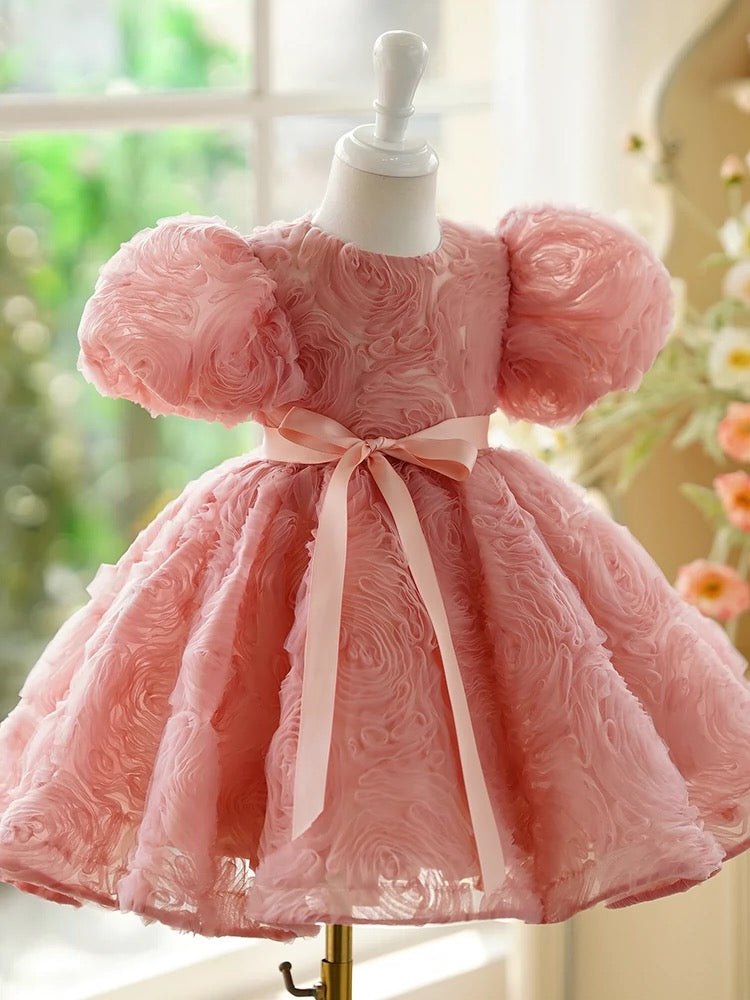 Pink Flower Girl Dress with Textured Ruffles and Satin Bow - Plus Size - WonderlandByLilian