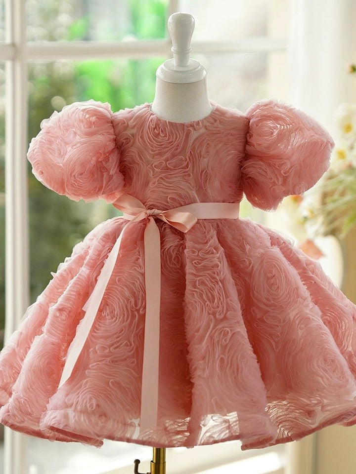 Pink Flower Girl Dress with Textured Ruffles and Satin Bow - Plus Size - WonderlandByLilian