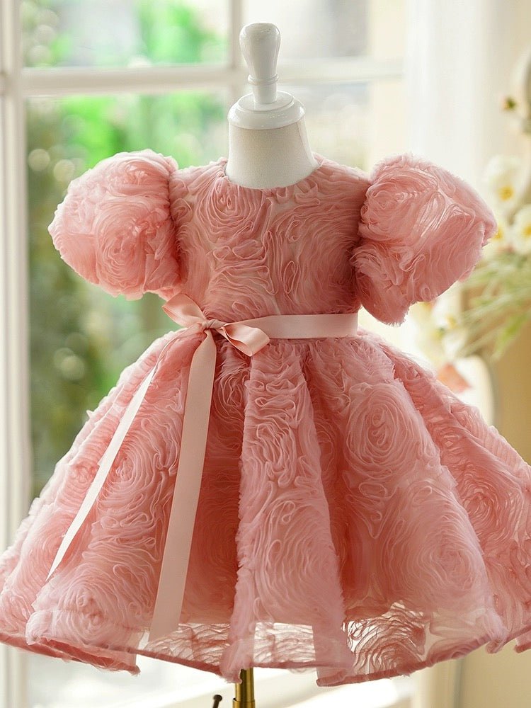 Pink Flower Girl Dress with Textured Ruffles and Satin Bow - Plus Size - WonderlandByLilian