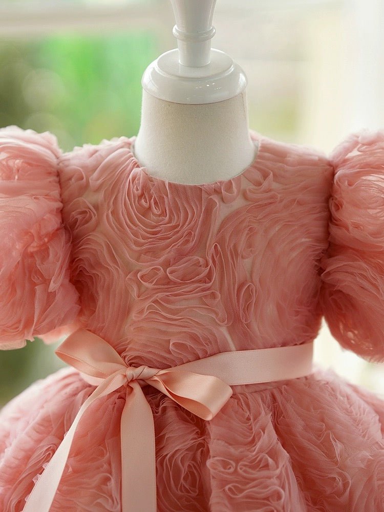 Pink Flower Girl Dress with Textured Ruffles and Satin Bow - Plus Size - WonderlandByLilian