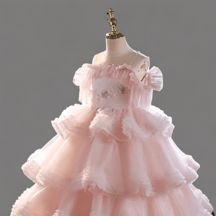 Pink Layered Tulle Flower Girl Dress with Off - Shoulder Design and Lace Details for Special Occasion - Plus Size - WonderlandByLilian