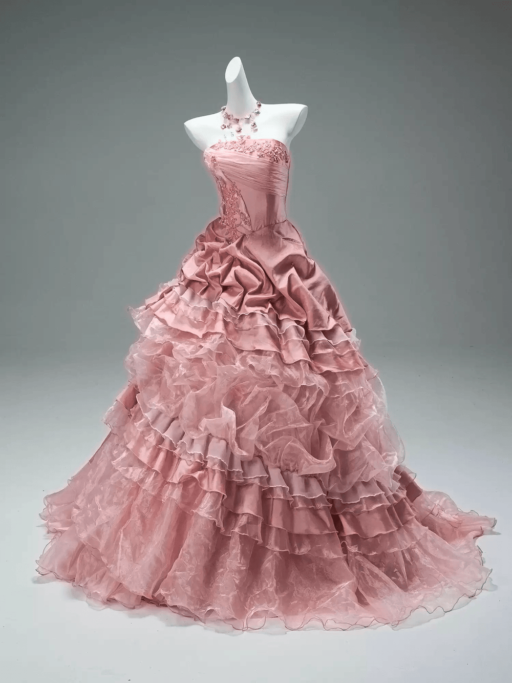 Pink Layered Tulle Ruffle Dress with Embroidery – Strapless Evening Dress with Corset Back Plus Size - WonderlandByLilian