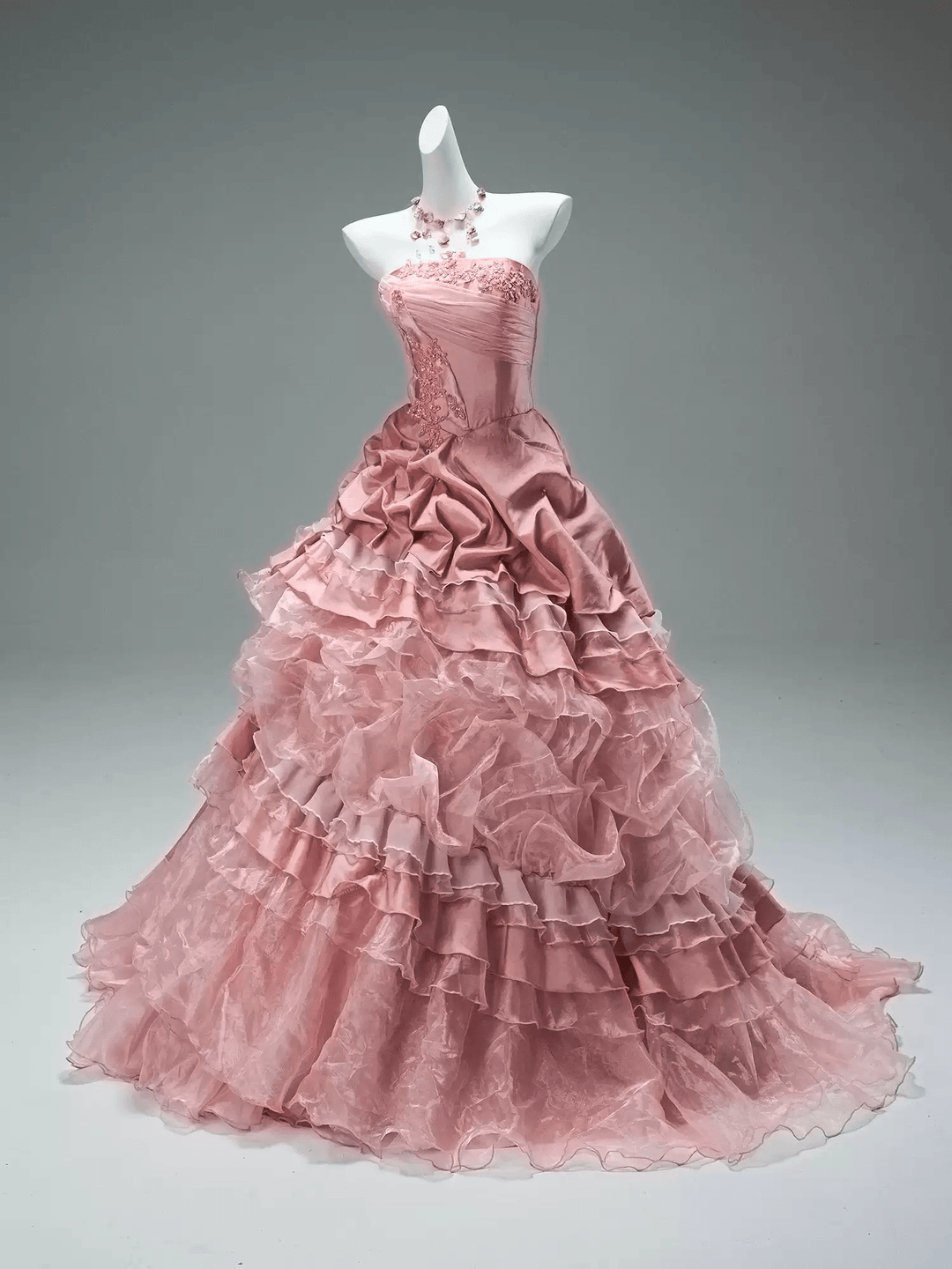 Pink Layered Tulle Ruffle Dress with Embroidery – Strapless Evening Dress with Corset Back Plus Size - WonderlandByLilian