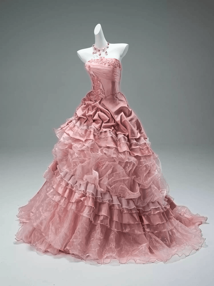 Pink Layered Tulle Ruffle Dress with Embroidery – Strapless Evening Dress with Corset Back Plus Size - WonderlandByLilian