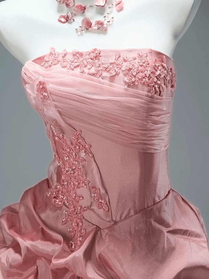Pink Layered Tulle Ruffle Dress with Embroidery – Strapless Evening Dress with Corset Back Plus Size - WonderlandByLilian