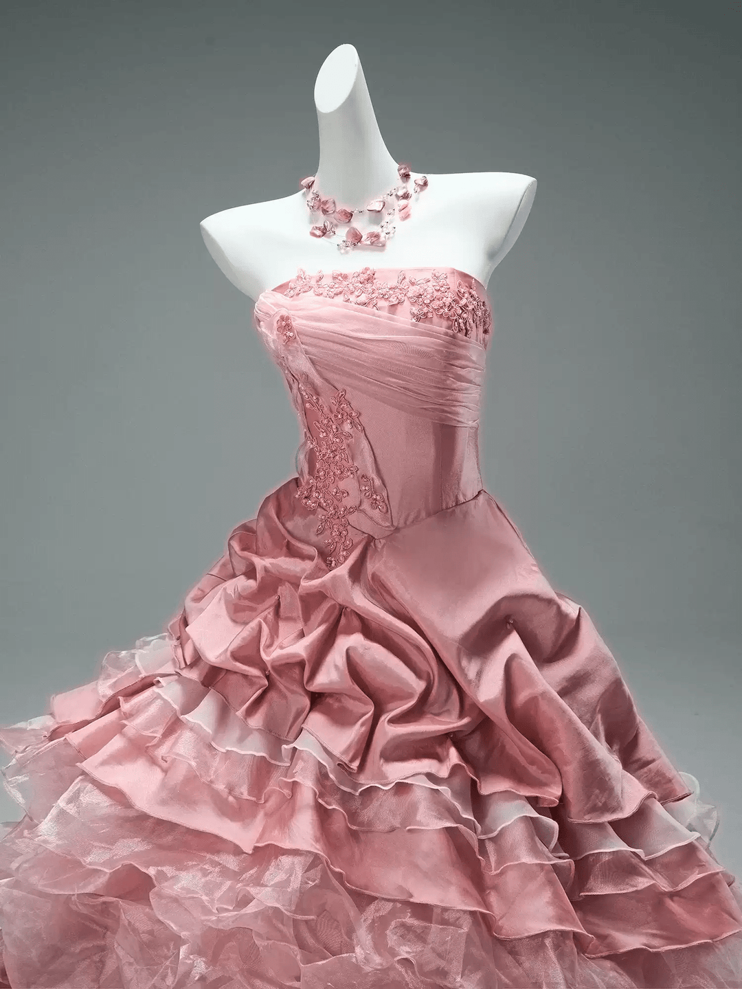 Pink Layered Tulle Ruffle Dress with Embroidery – Strapless Evening Dress with Corset Back Plus Size - WonderlandByLilian