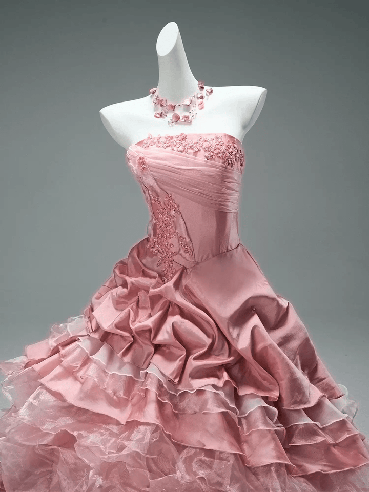 Pink Layered Tulle Ruffle Dress with Embroidery – Strapless Evening Dress with Corset Back Plus Size - WonderlandByLilian