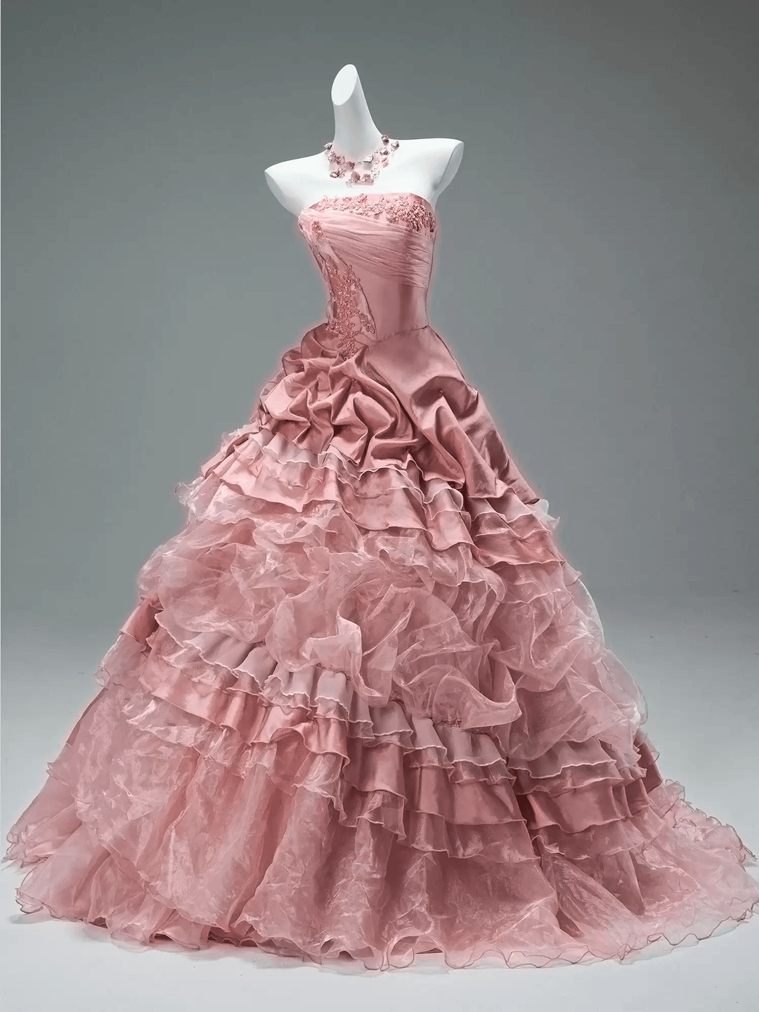 Pink Layered Tulle Ruffle Dress with Embroidery – Strapless Evening Dress with Corset Back Plus Size - WonderlandByLilian