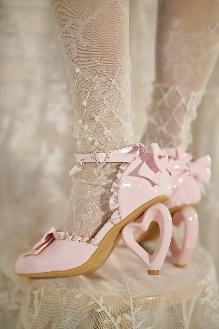 Pink Lolita Vintage Shoes with Bow and Pearl - Lolita Heels with Lace - Up - WonderlandByLilian