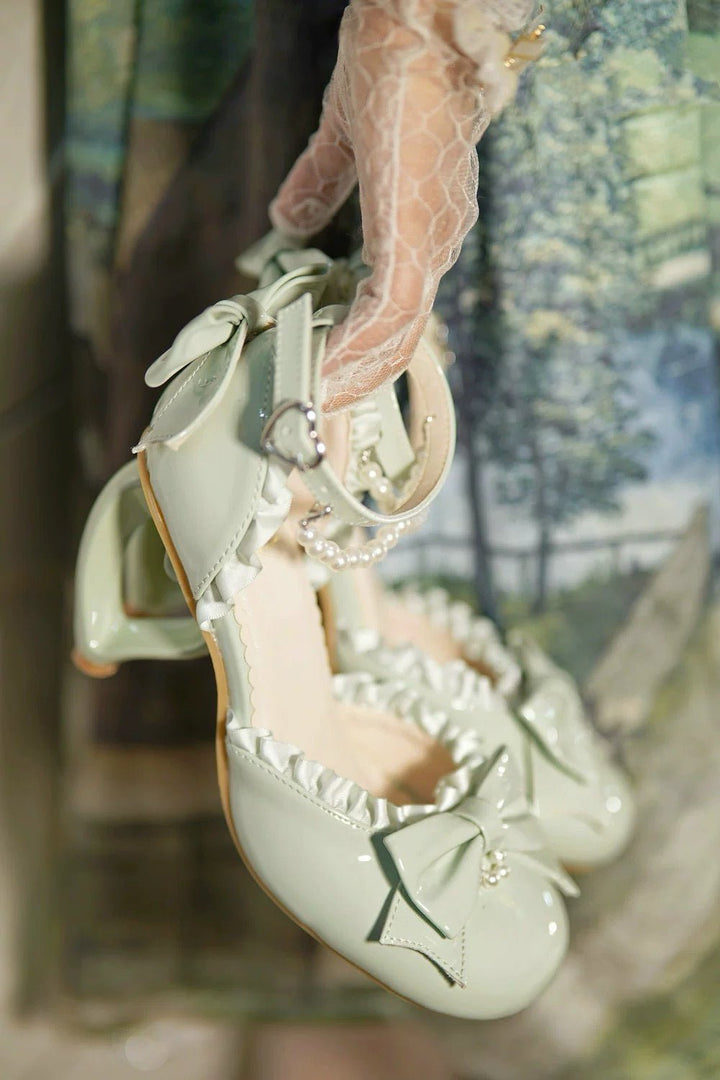 Pink Lolita Vintage Shoes with Bow and Pearl - Lolita Heels with Lace - Up - WonderlandByLilian