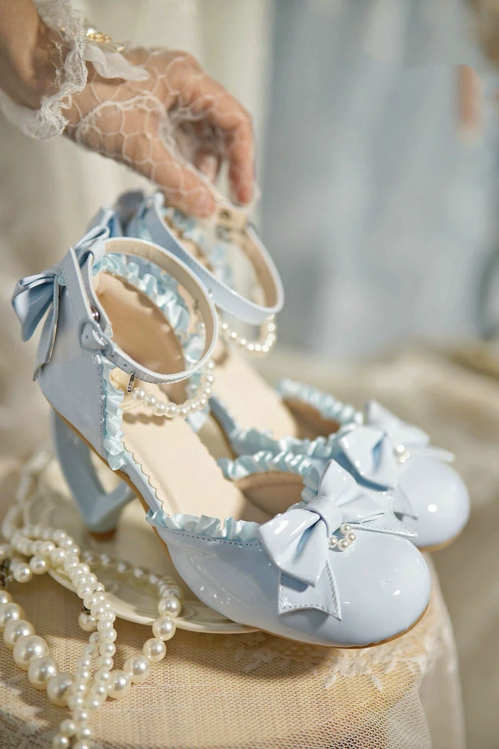 Pink Lolita Vintage Shoes with Bow and Pearl - Lolita Heels with Lace - Up - WonderlandByLilian